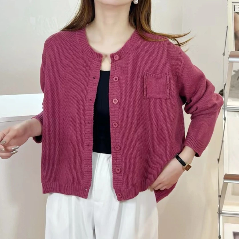 圆领复古棉线针织开衫女士秋季新款纯色百搭大码宽松显瘦长袖外套