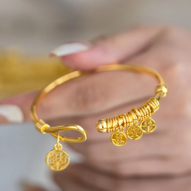 铜合金塑料手镯 新中式国潮高级感金色开口吉言平安喜乐挂坠手镯