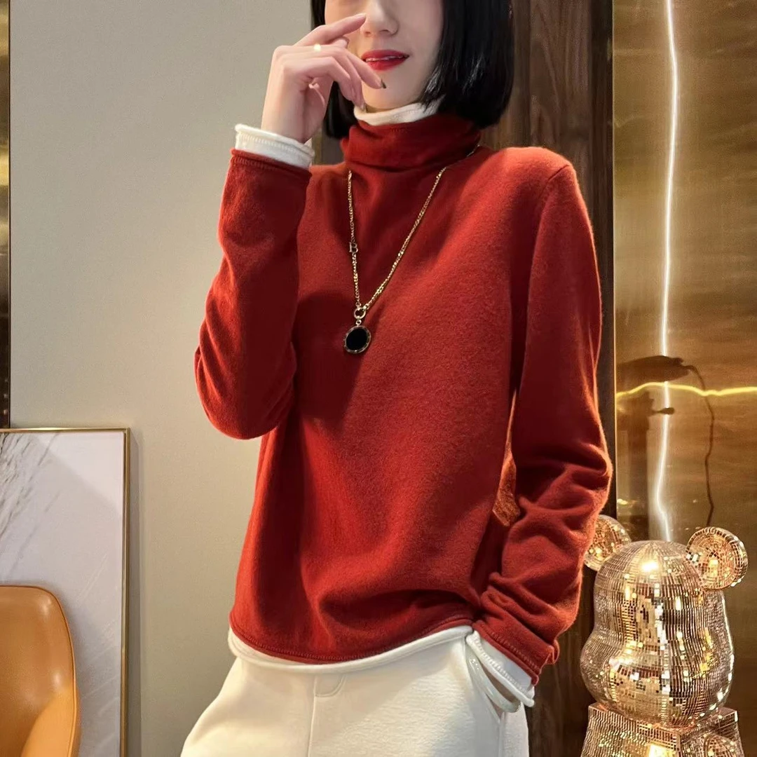 名港MG3259【假两件密支纯羊毛】撞色简约气质百搭长袖针织衫