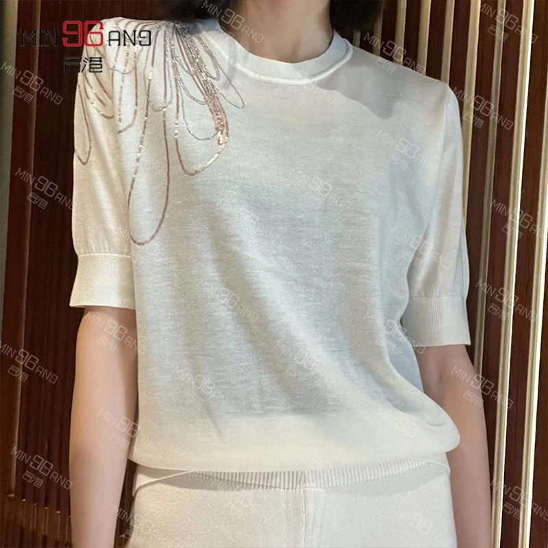 名港22055圆领串珠针织上衣白色时尚