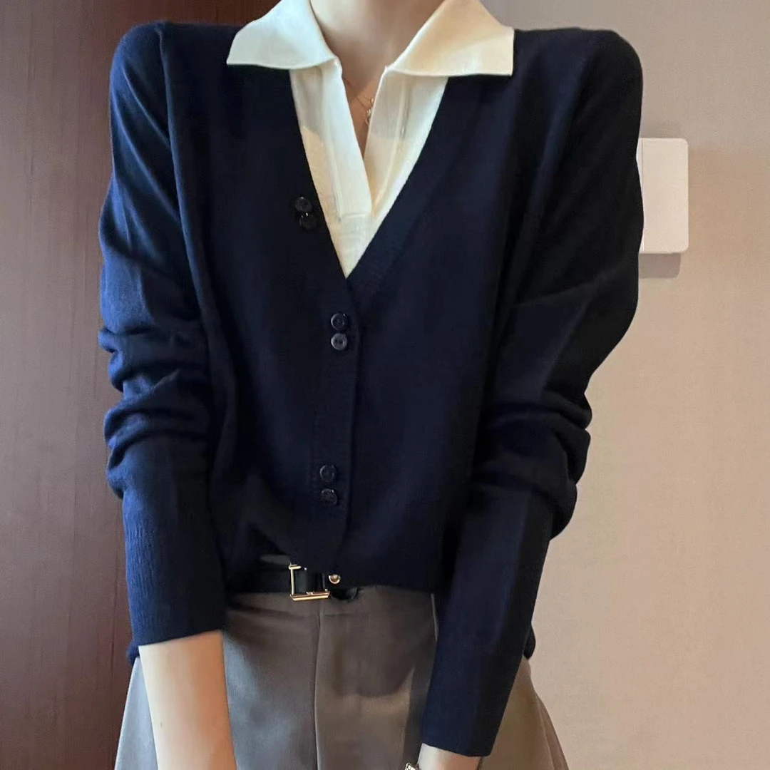 名港MG22132文艺风拼接假两件翻领针织衫