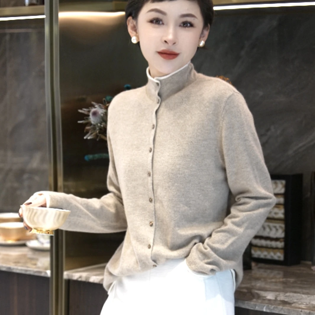 MINGGANG/名港【100羊绒】纯色立领复古秋冬气质显瘦针织衫MG7271