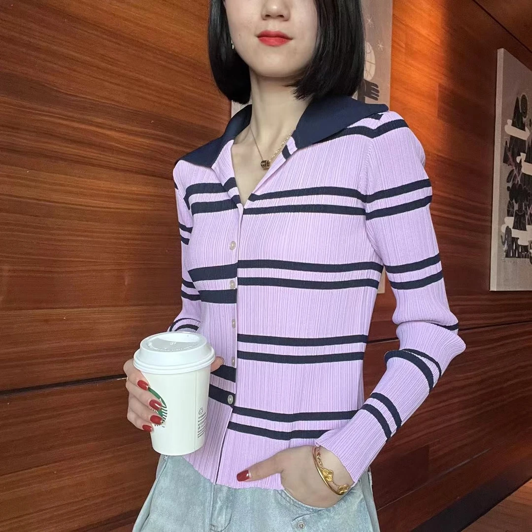 名港MG3029时尚百搭休闲显瘦气质条纹翻领针织衫开衫