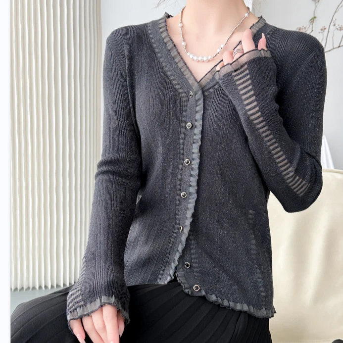 名港MG3015【早春新款】春季时尚气质百搭显瘦镂空花边针织开衫洋气