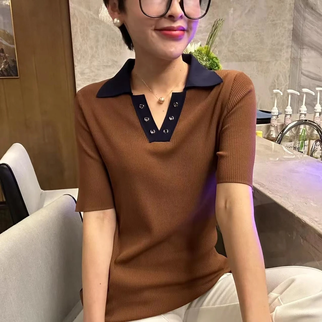 【名港】MG3066时尚百搭修身气质门襟撞色POLO领坑条拼色针织衫显瘦