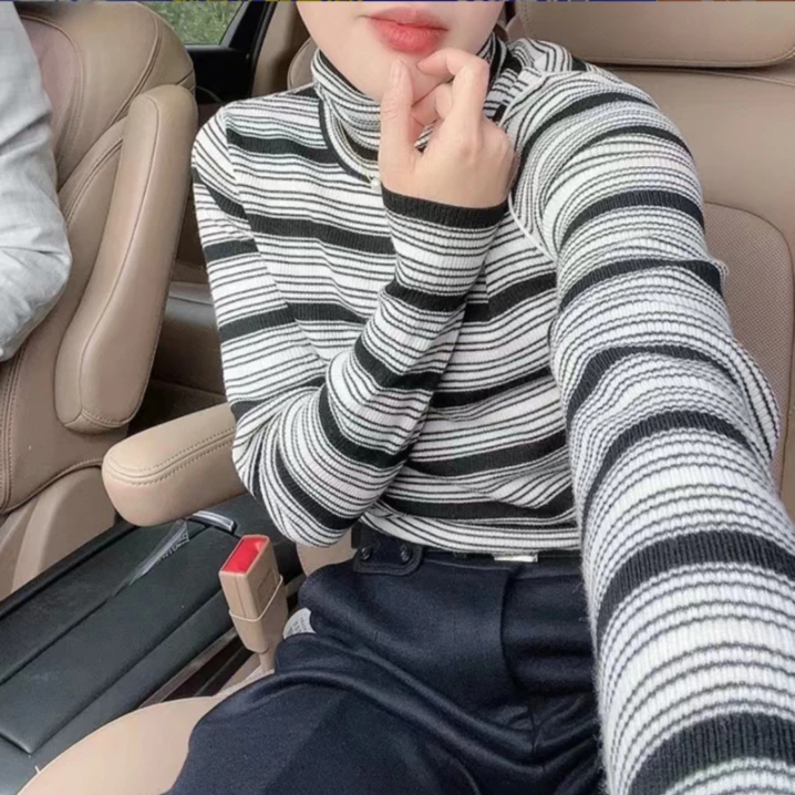 名港MG22193【百搭】修身显瘦秋冬高领条纹针织打底羊毛衫女上衣