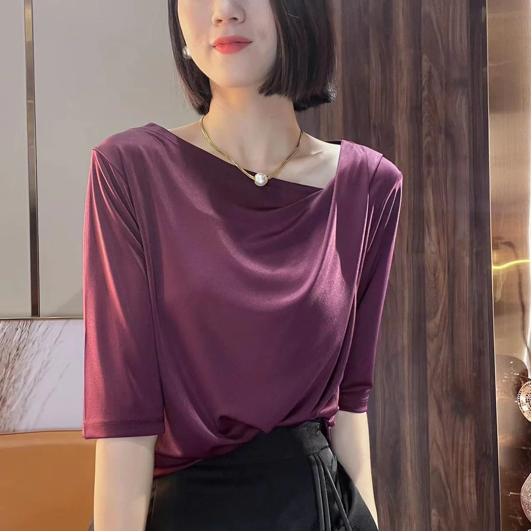 名港--【自在感】高品质不规则丝滑气质褶皱醋酸短袖打底衫FD2513