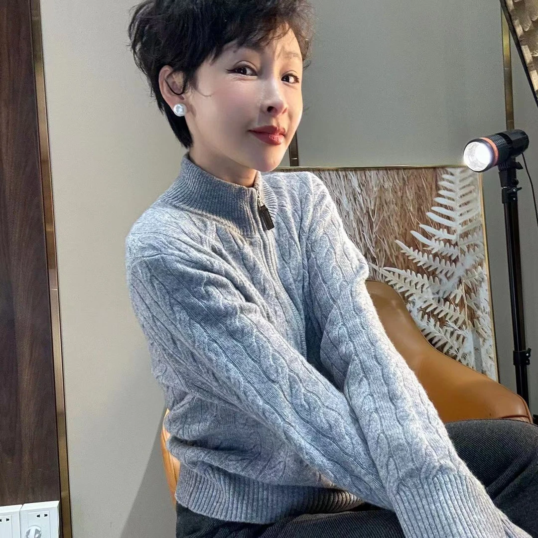 名港SZ3509【中厚绵羊毛】麻花立领拉链百搭显瘦针织衫洋气