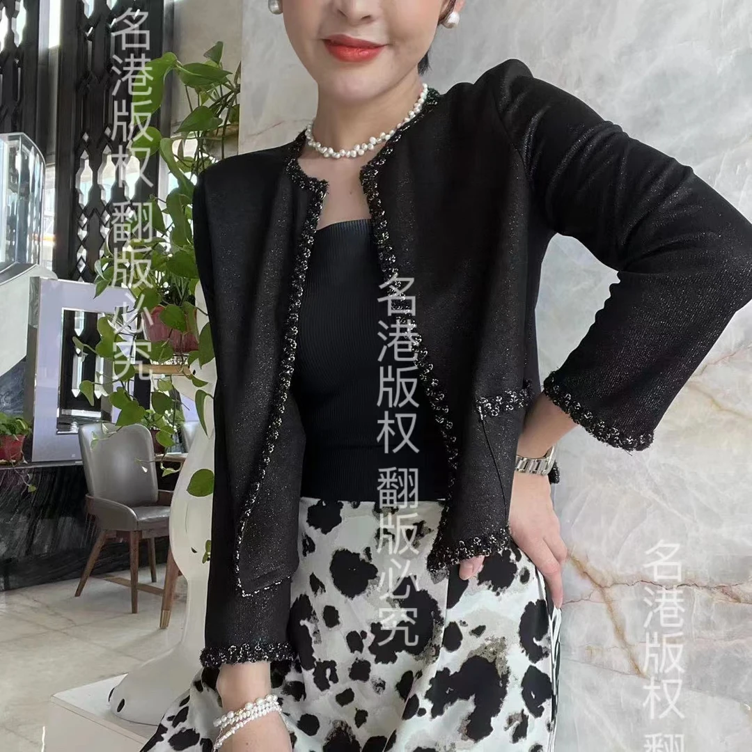 名港D2306-2精致小香【冰凉丝滑醋酸】百搭时尚圆领针织开衫上衣