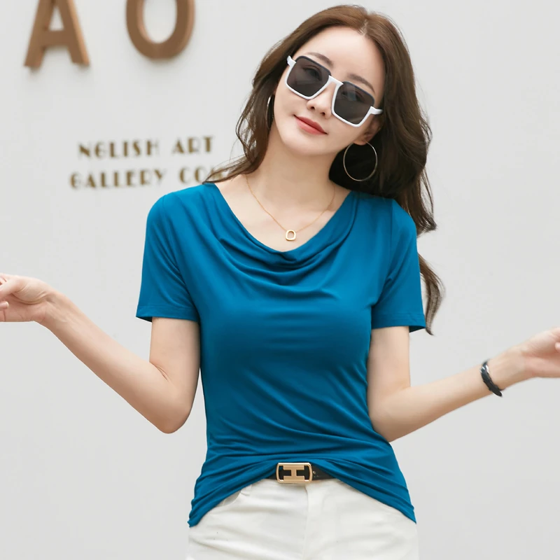 褶皱显瘦短袖纯色V型堆堆领t恤衫女春夏新款洋气修身显瘦百搭上衣