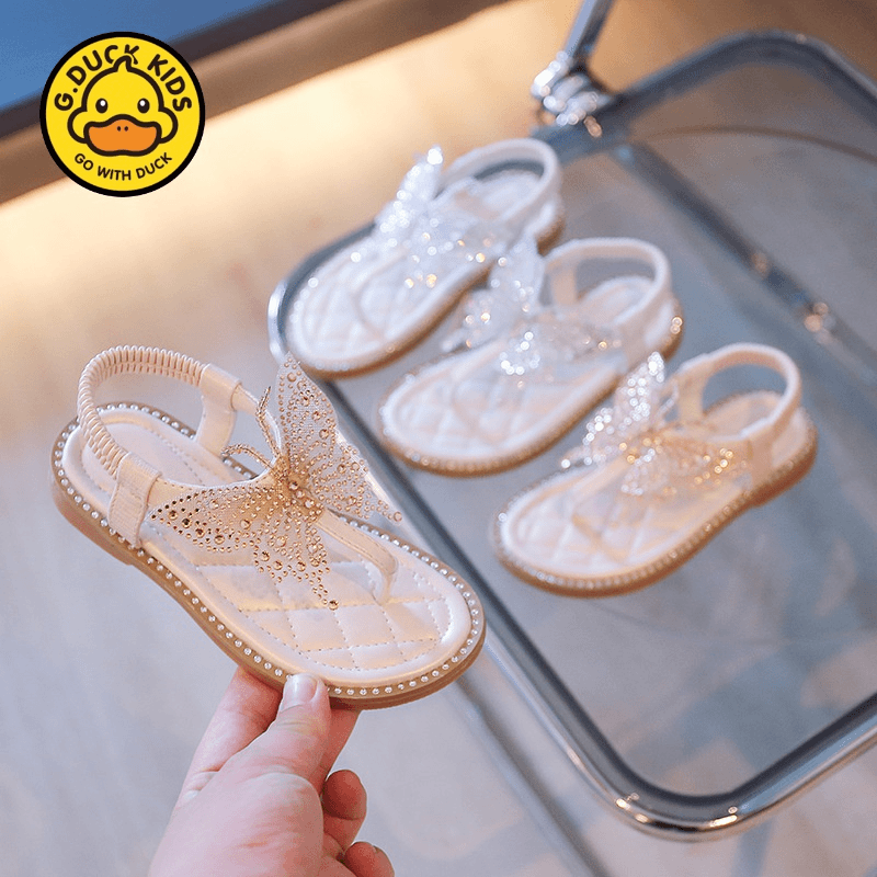 G.DUCK小黄鸭小女孩儿童鞋女童6-12岁夏季款时尚水钻蝴蝶夹趾公主