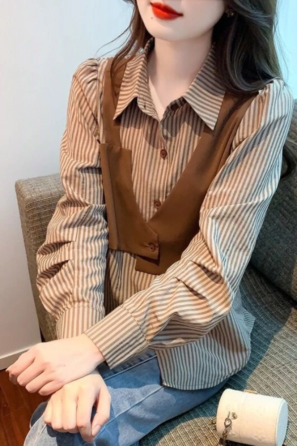 条纹假两件格子衬衫春秋女士洋气胖妹妹显瘦上衣今年流行衬衫港风