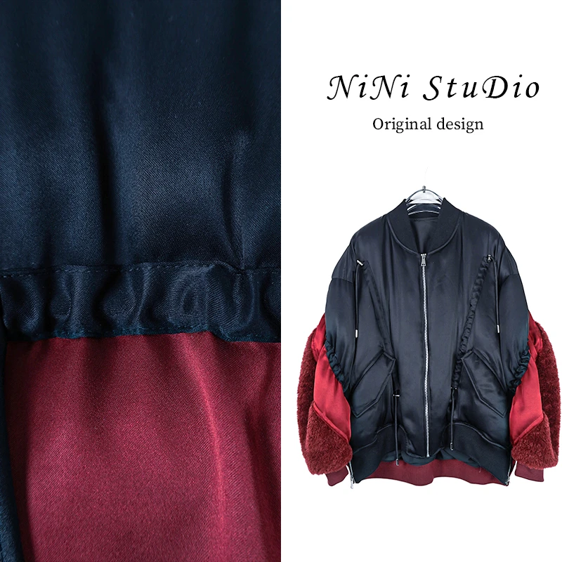 设计师黑红拼接鹅绒服羊毛秋冬时尚百搭高级撞色外套24228