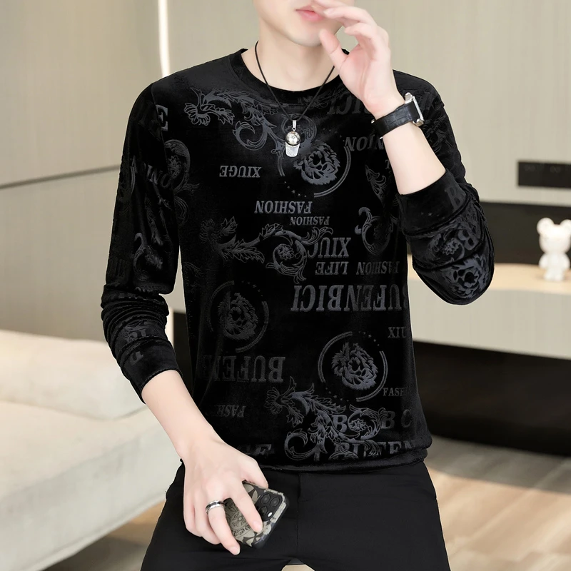 秋冬季新款金丝绒t恤男士休闲百搭长袖卫衣圆领套头提花打底衫潮