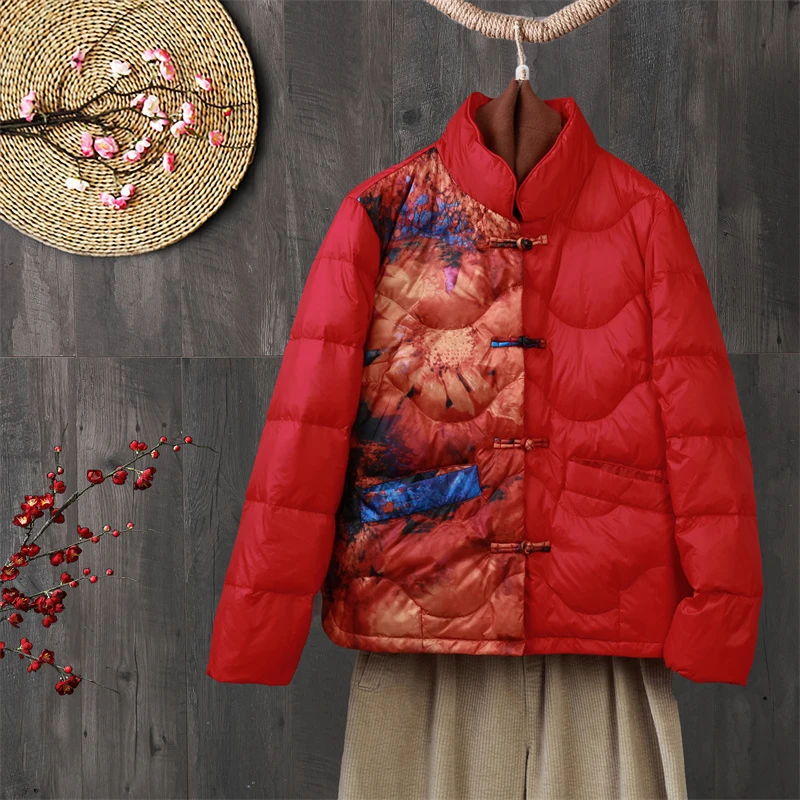 2025新款冬装文艺复古民族风盘扣立领女短款不对称印花外套