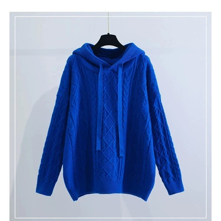 韩版蓝色连帽针织衫克莱因蓝毛衣高档洋气女秋冬加厚秋季新款宽松