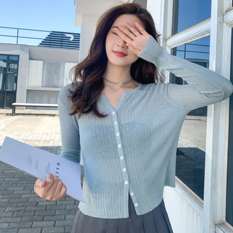 春夏短款女装宽松显瘦天丝亚麻针织衫长袖防晒坑条薄开衫上衣外套