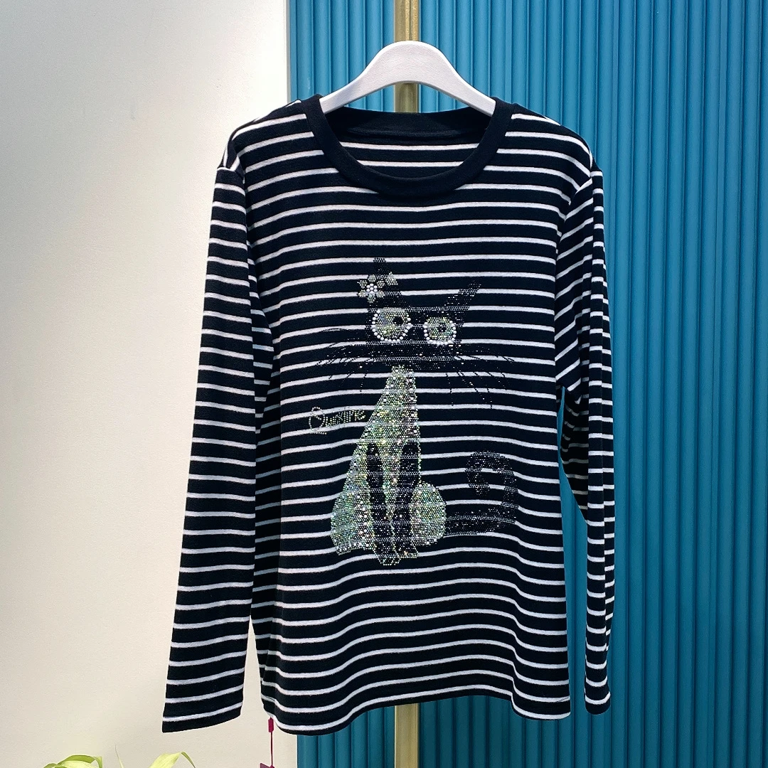 磨毛 胖人坊/2024秋冬新款大码女装时尚舒适烫钻云感条纹衫  4465