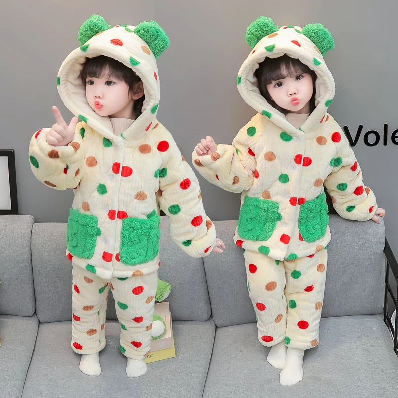 儿童睡衣秋冬季珊瑚绒女童三层夹棉加厚套装小童宝宝法兰绒家居服