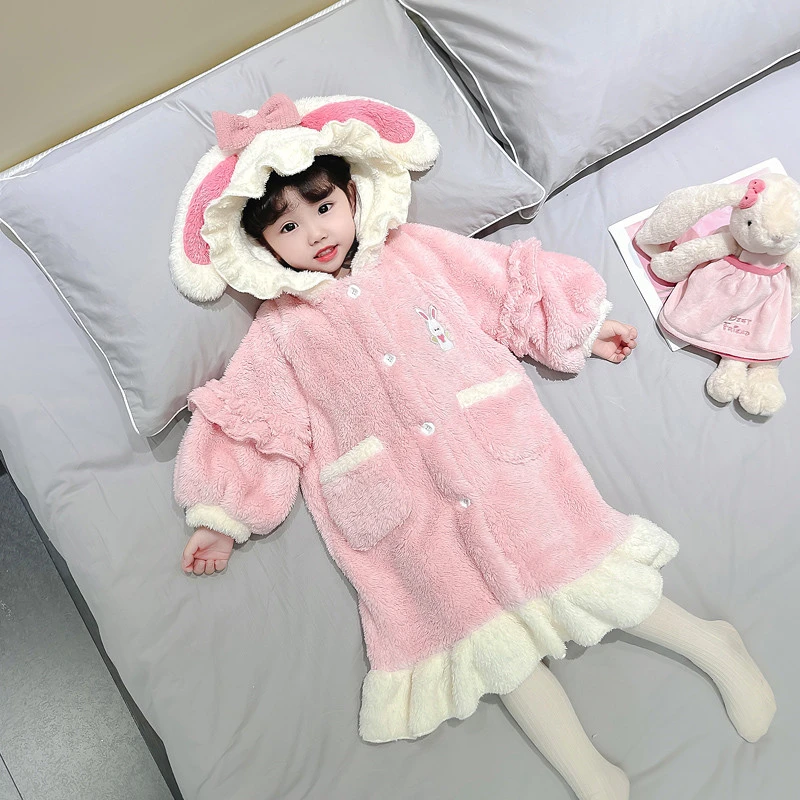 女童连体睡衣秋冬季法兰绒加厚珊瑚绒儿童家居服宝宝睡裙女孩睡袍