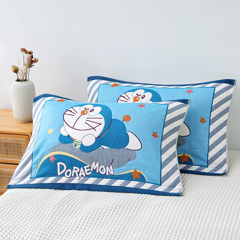纯棉纱布枕巾一对装全棉枕头巾男士哆啦A梦叮当猫卡通学生加厚