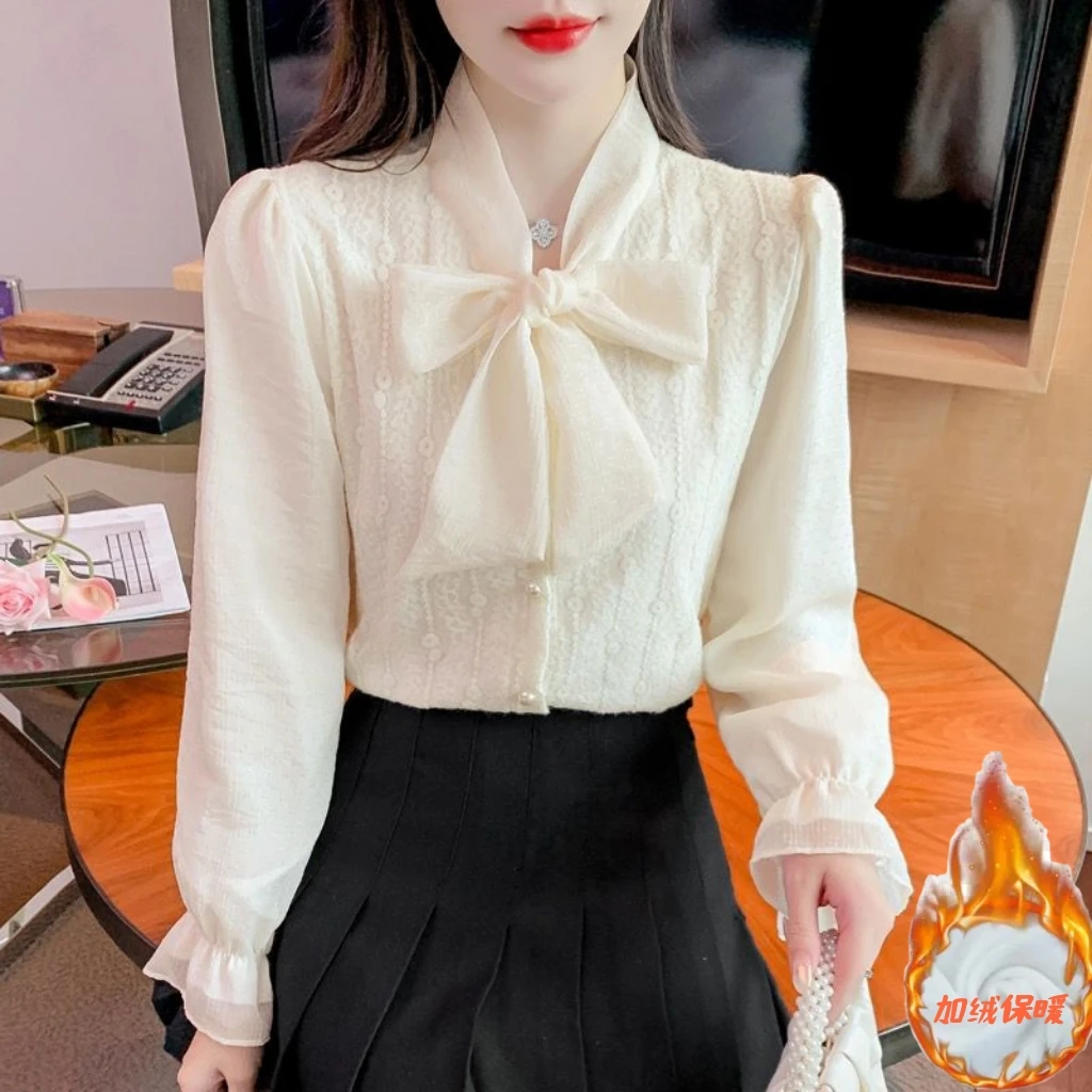 加绒法式V领蝴蝶结蕾丝衬衫女秋冬季设计感小众喇叭长袖打底上衣