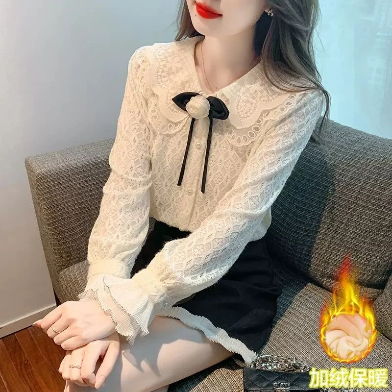 加绒蕾丝打底衫女秋冬2024新款内搭时尚洋气衬衫上衣气质衬衣小衫