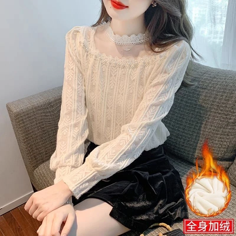 T加绒加厚蕾丝打底衫内搭小衫秋冬2024年新款长袖女士设计感上衣