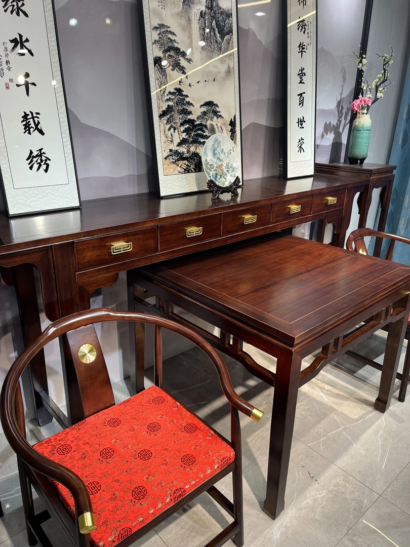 乌金木新中式中堂六件套带抽屉自建房堂屋榫卯条案供桌神台家具
