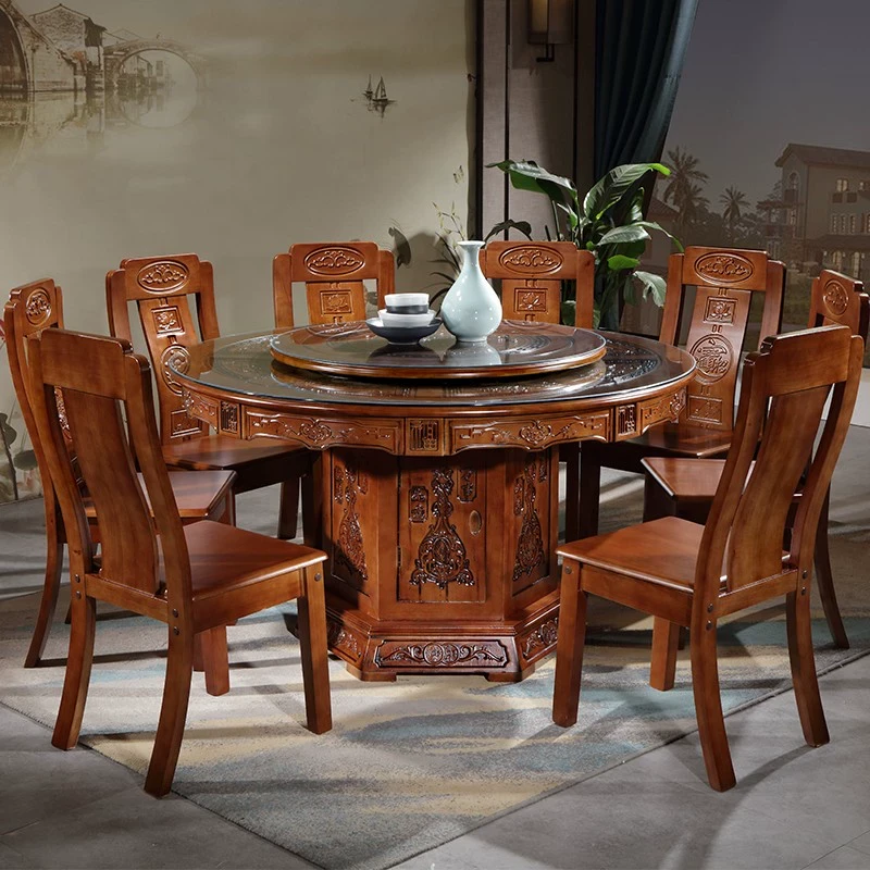 全实木餐桌椅组合中式圆形仿古雕花橡木大圆桌子带转盘家用饭桌