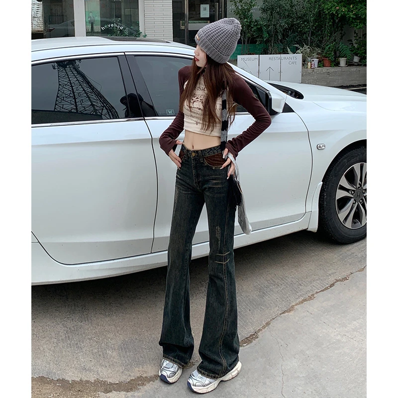 美式高街复古辣妹撞色低腰微喇牛仔裤女秋季2023新款拼接弹力显瘦