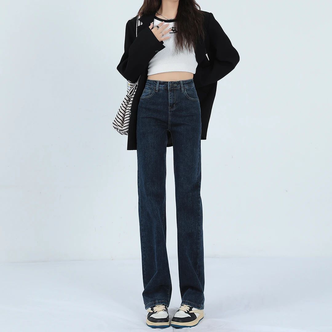 弹力直筒牛仔裤女秋季2023年新款高腰窄版阔腿裤显瘦黑色烟管长裤
