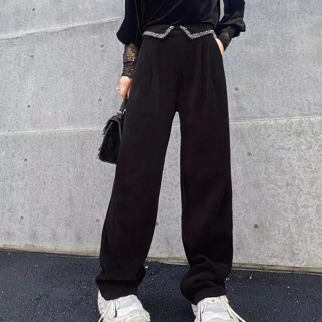 翻边设计腰头垂坠感拖地裤99893