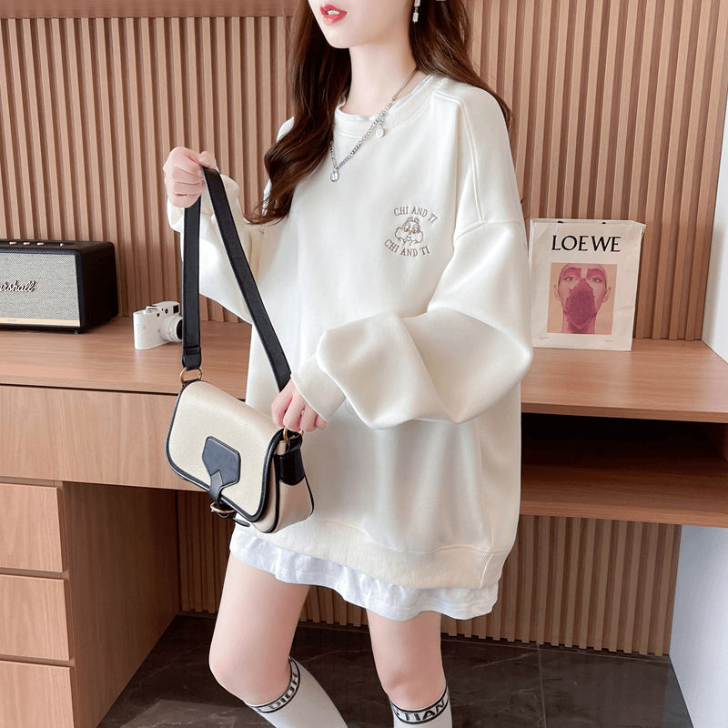 小松鼠假两件圆领卫衣女秋冬2023爆款韩版宽松慵懒风加绒加厚上衣