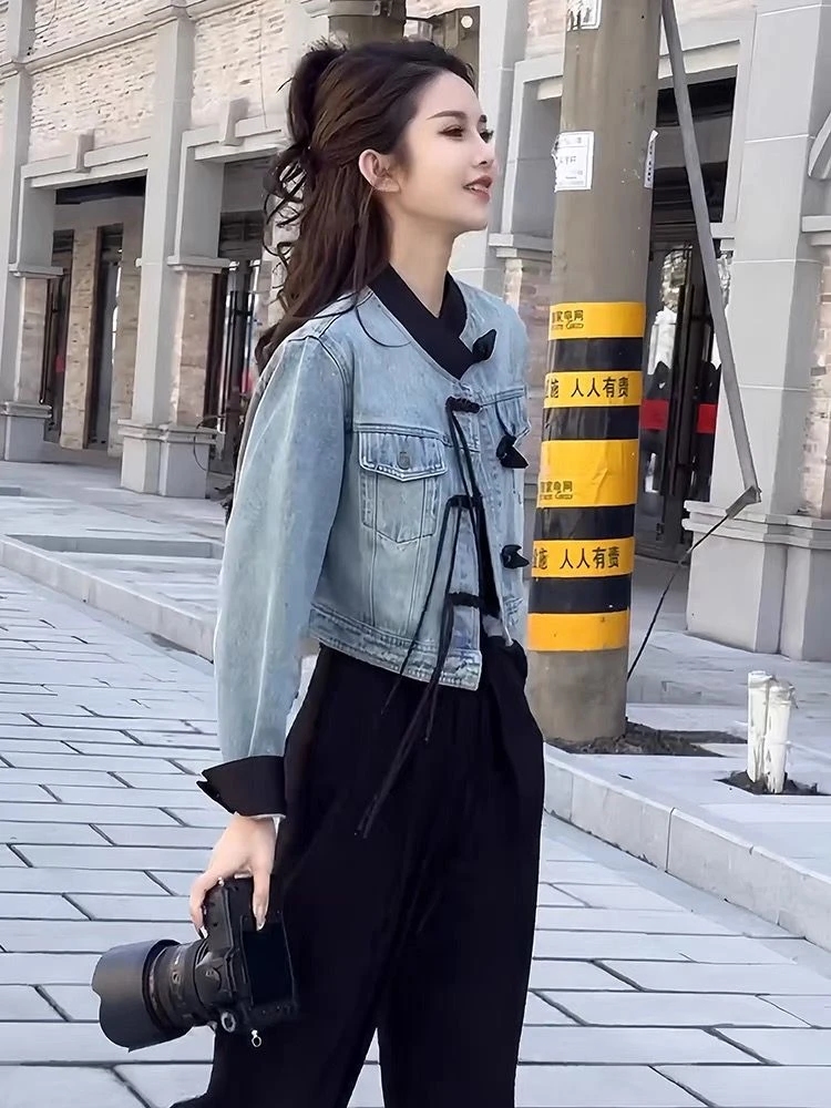 新中式国风气质盘扣短款牛仔外套女早春季2024新款爆款设计感上衣