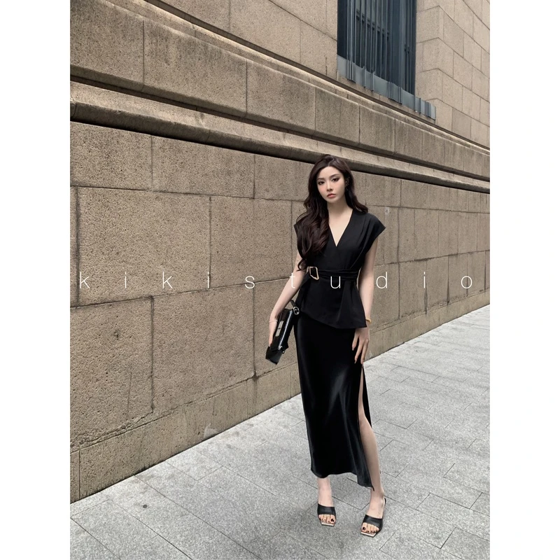 KIKI《海岸来信》洋气百搭V领长袖腰带显瘦上衣