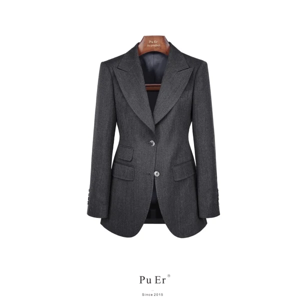 璞迩灰色长款蜂腰戗驳头西装