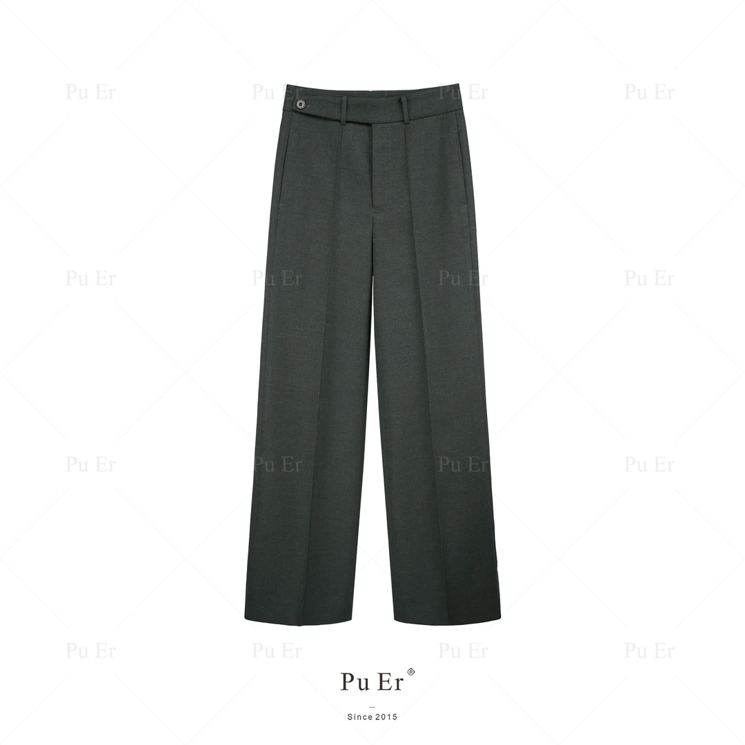 璞迩秋冬莽丛绿法兰绒长腰头直筒裤