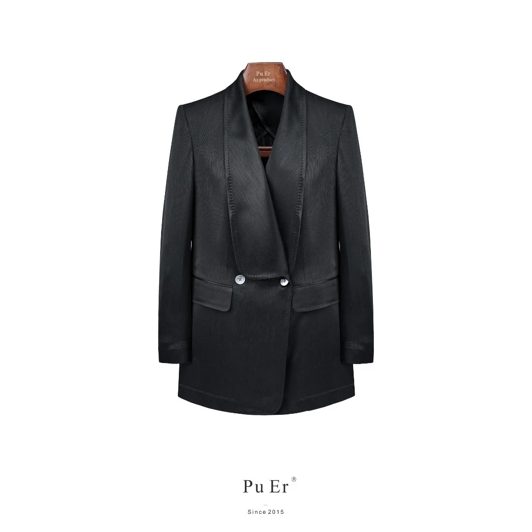 特价款-璞迩树纹高级感黑色双排一扣青果领单西