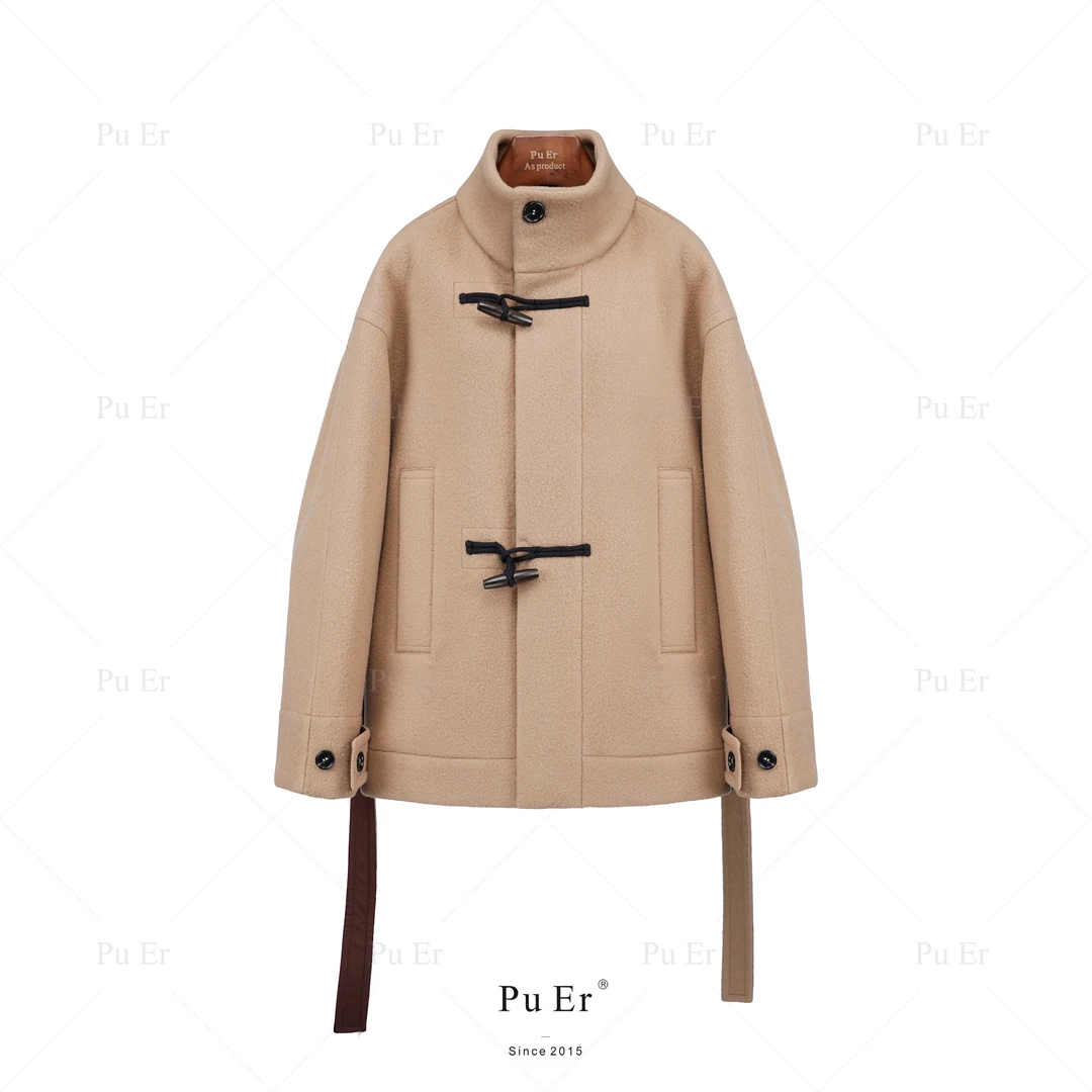 璞迩驼色阔版圈圈绵羊毛落肩短大衣（韩国进口）