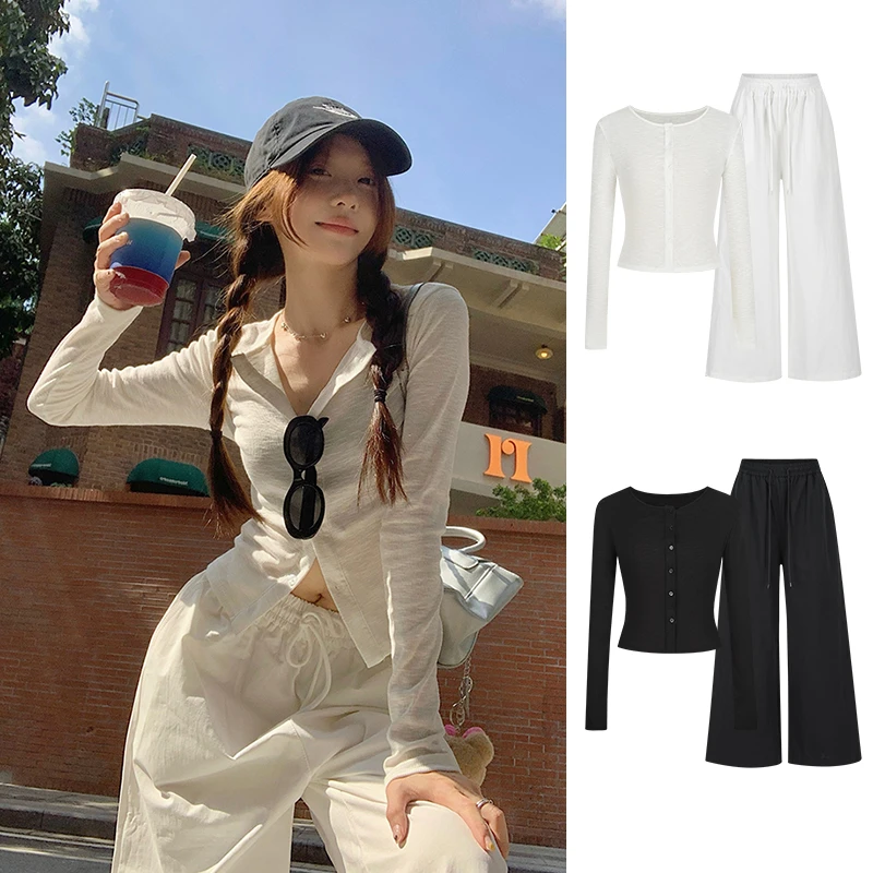 Moses Queen/魔西女王长袖开衫女甜辣套装竹节微透上衣休闲阔腿裤