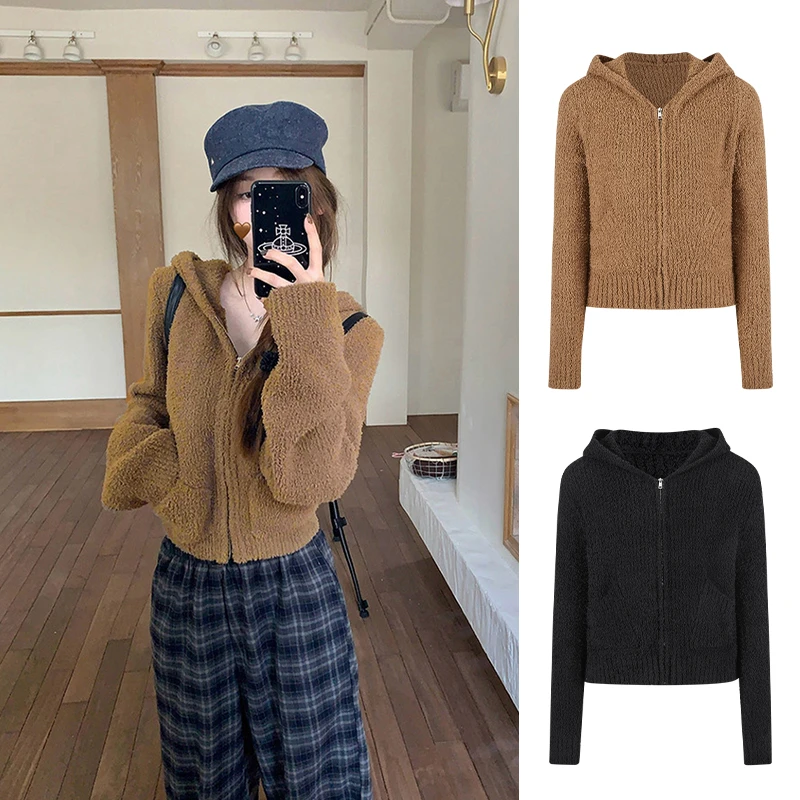 MosesQueen/魔西女王加厚保暖连帽毛衣女秋冬双拉链针织开衫外套