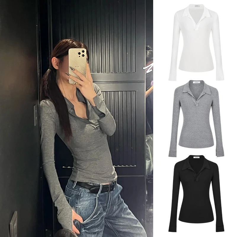 MosesQueen/魔西女王韩版V领polo衫女秋百搭休闲针织长袖上衣