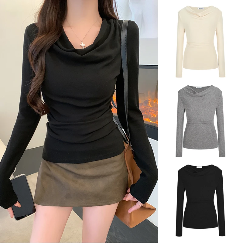 MosesQueen/魔西女王黑色荡领T恤女修身显瘦打底衫褶皱正肩上衣