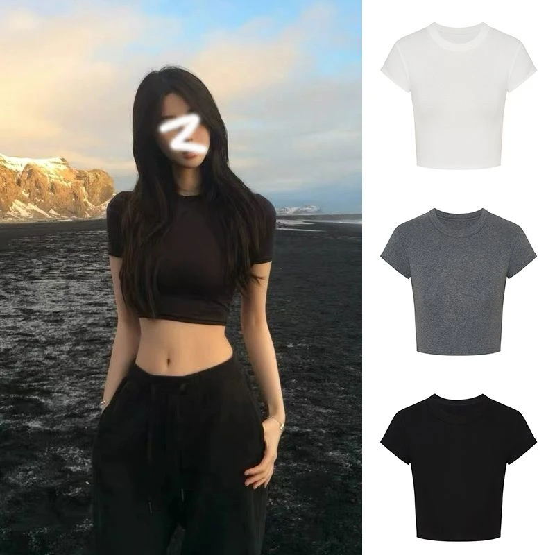 MosesQueen/魔西女王露脐t恤女正肩辣妹白色短袖短款修身上衣ins