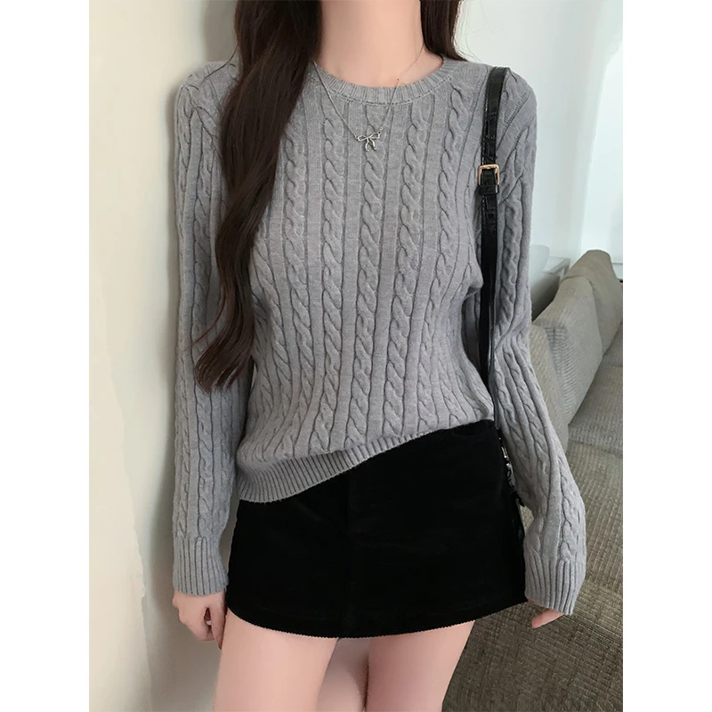 MosesQueen/魔西女王简约麻花长袖针织衫女秋休闲风圆领百搭上衣