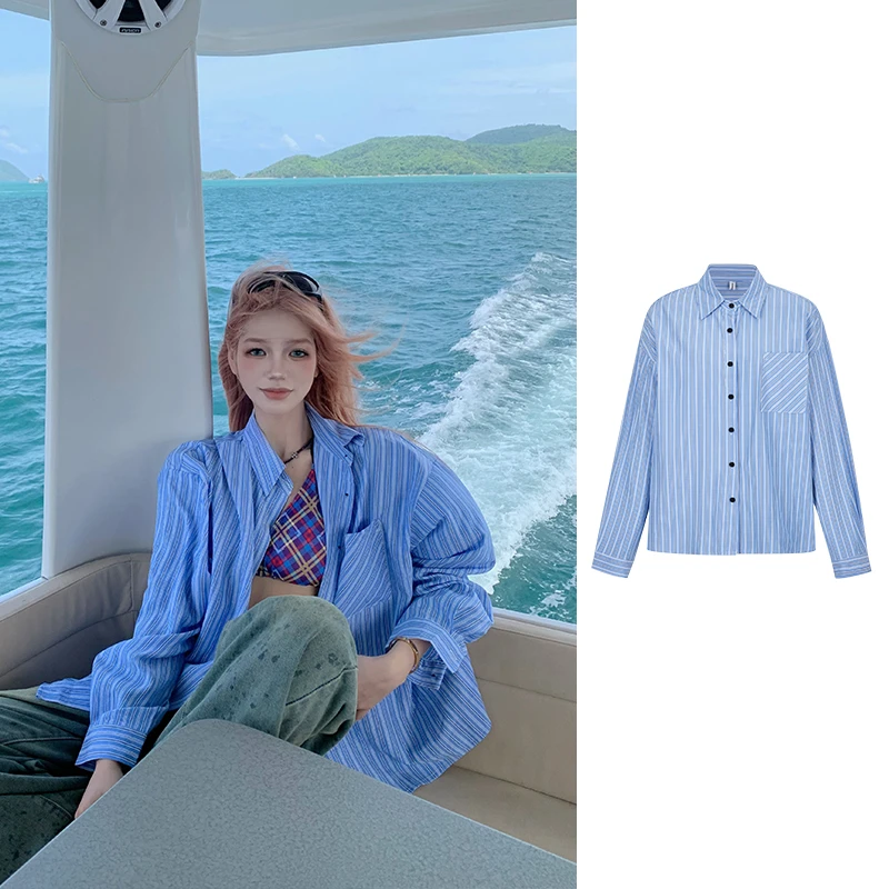大码蓝色条纹衬衫女夏长袖衬衣胖MM宽松上衣