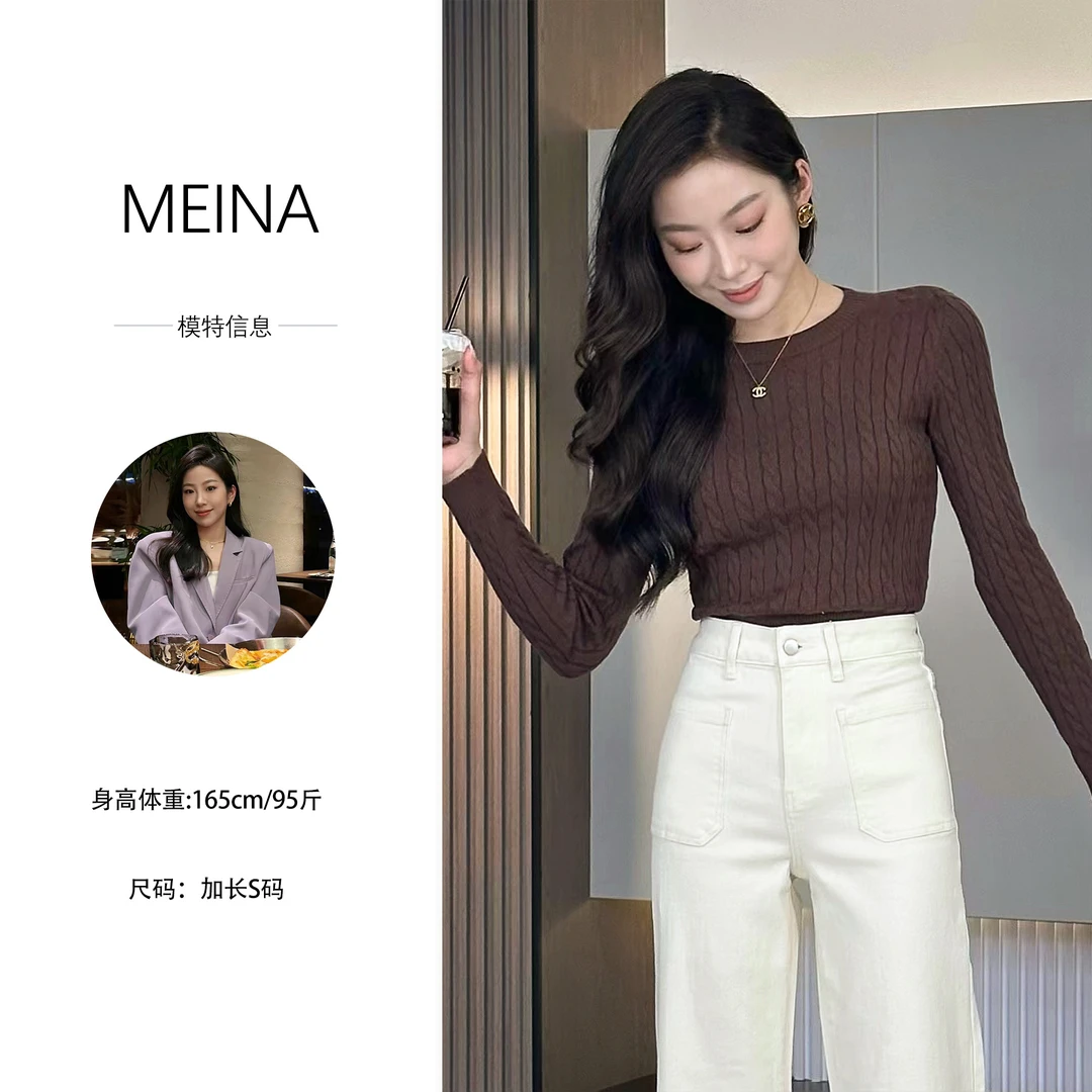 MN【时光静谧】圆领短款麻花毛衣针织衫女打底衫学院风