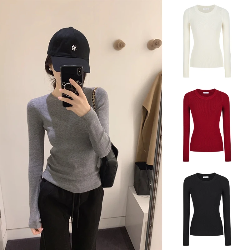 Moses Queen/魔西女王螺纹圆领正肩打底针织衫修身显瘦掐腰长袖