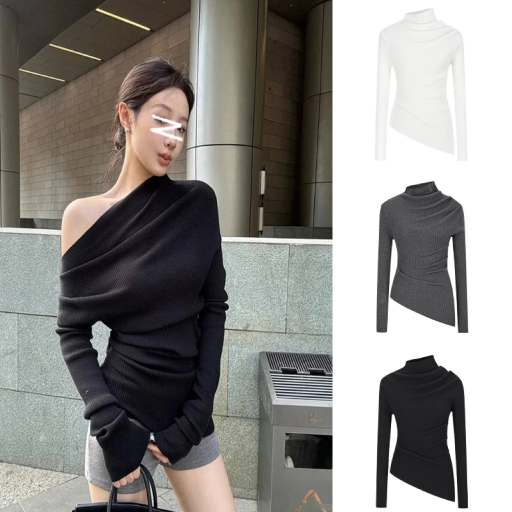 MosesQueen/魔西女王性感斜领长袖针织衫女不规则修身毛衣打底衫